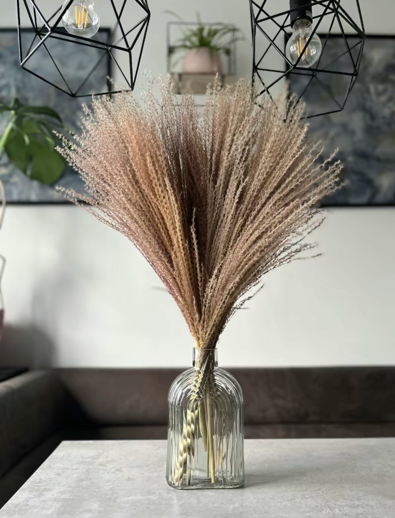Natural fluffy dried stipa displayed in a clear vase