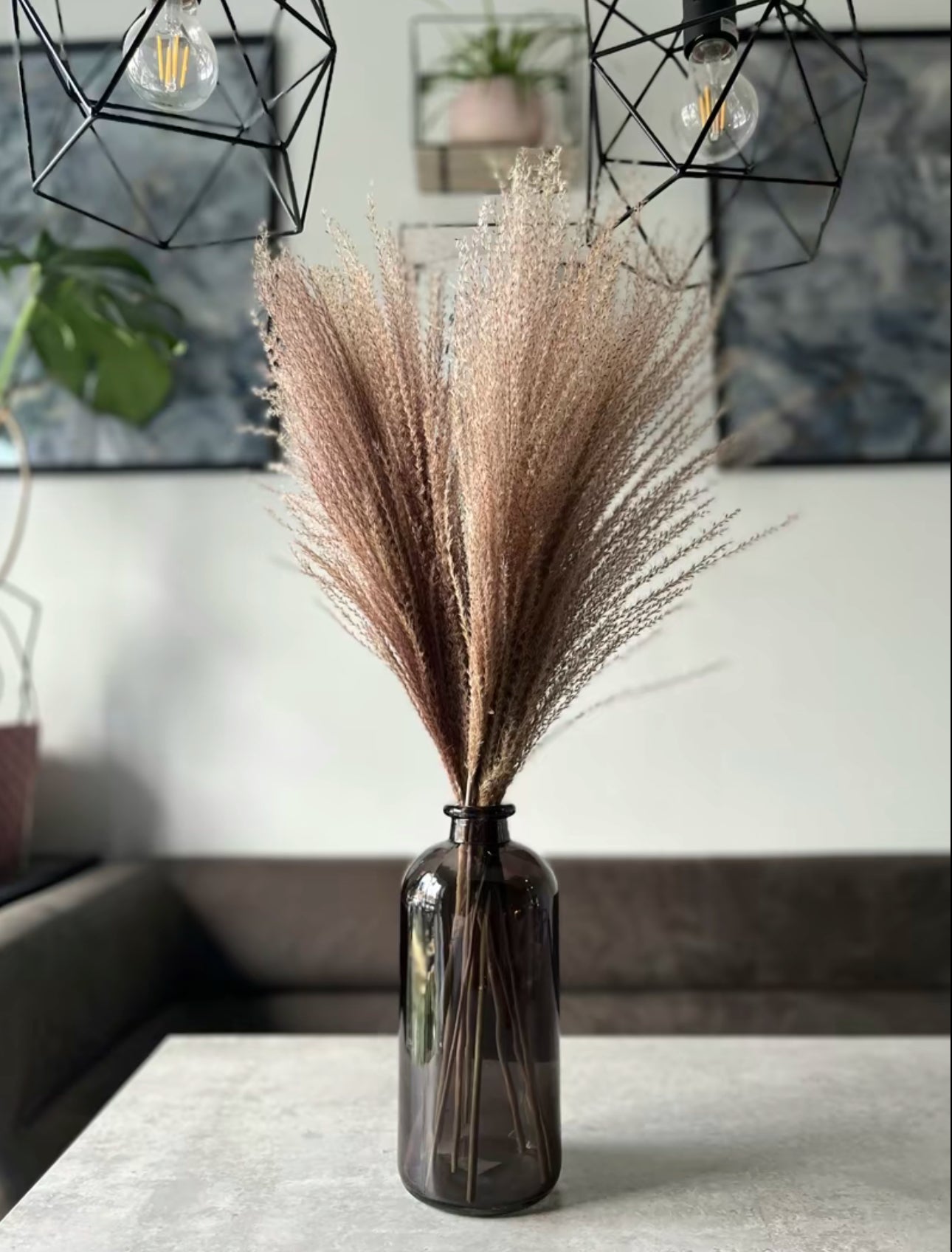 Natural fluffy dried stipa displayed in a dark grey vase