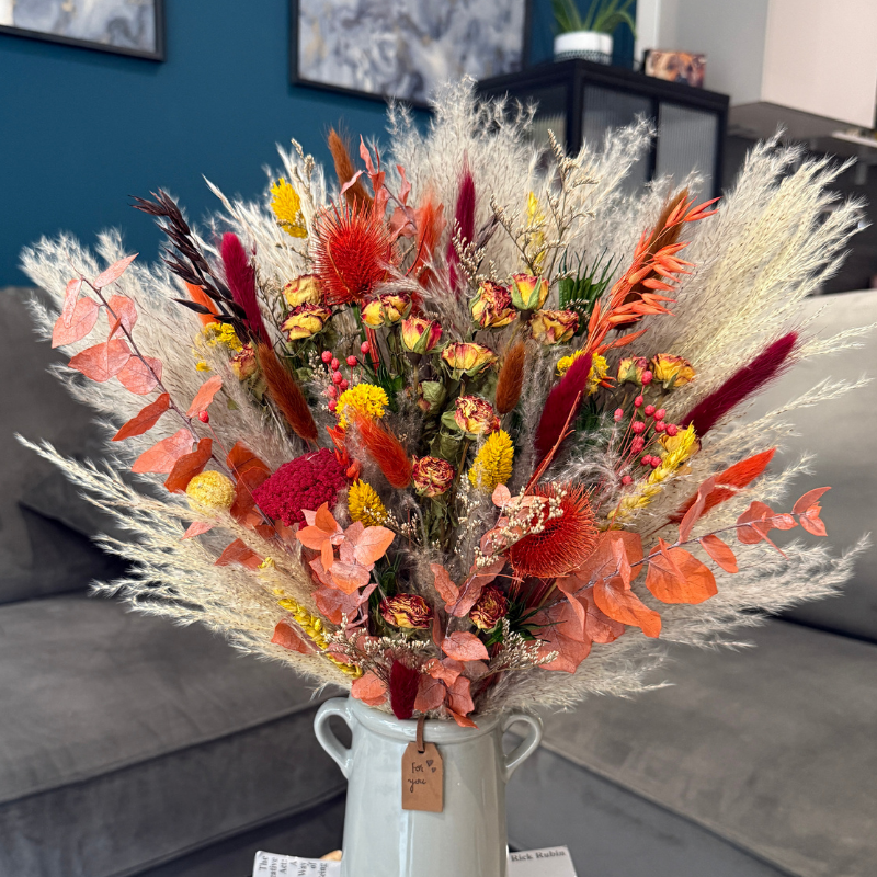 Karen Dried Flower Arrangement In Orange, Yellow, Red, Green & Natural