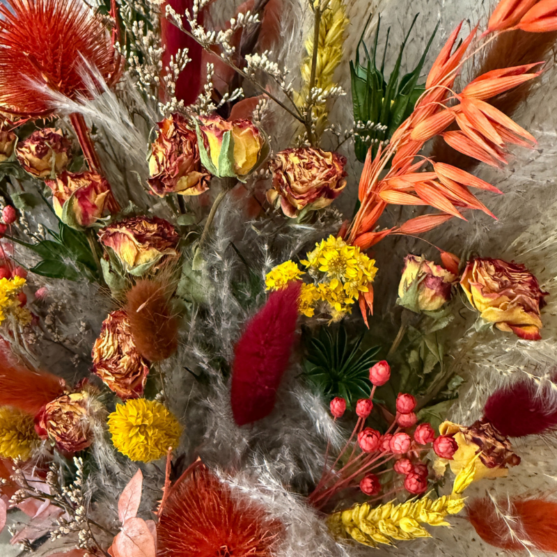 Karen Dried Flower Arrangement In Orange, Yellow, Red, Green & Natural