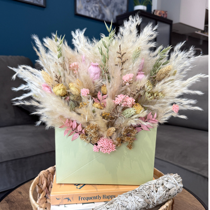 Mila Envelope Dried Flower Box In Cream, Natural, Pink & Green