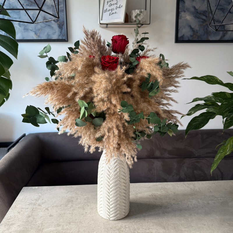 Vera Dried Flower Arrangement In Natural Pampas, Red Roses & Eucalyptus