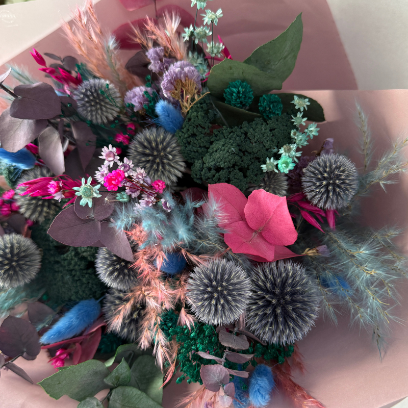 Megan Dried Flower Bouquet In Blue, Purple, Teal, Pink & Green