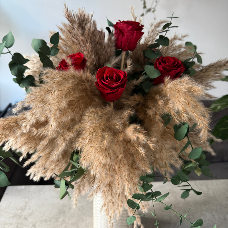 Vera Dried Flower Arrangement In Natural Pampas, Red Roses & Eucalyptus