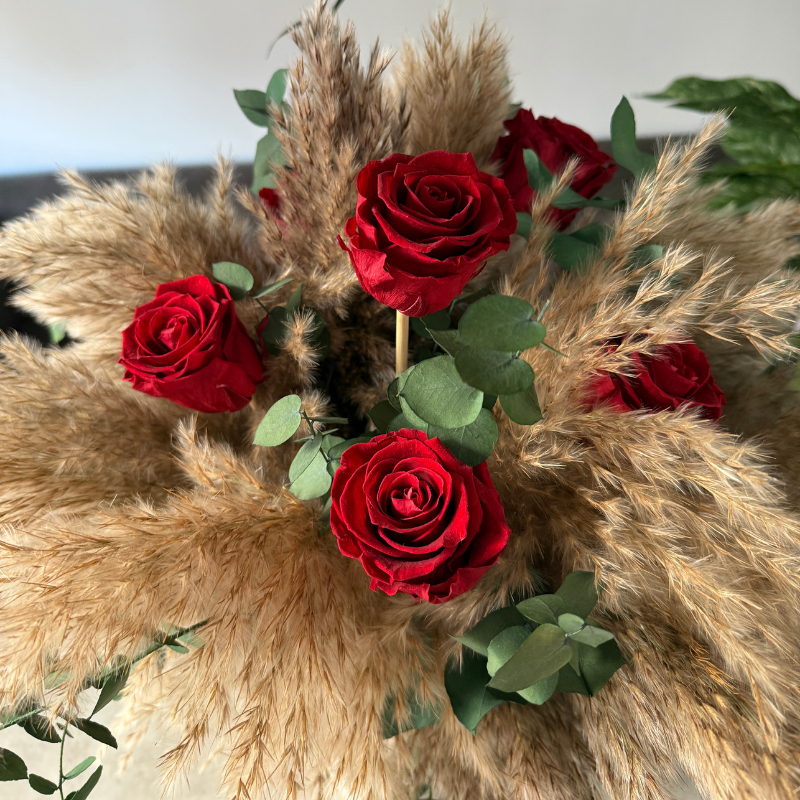 Vera Dried Flower Arrangement In Natural Pampas, Red Roses & Eucalyptus