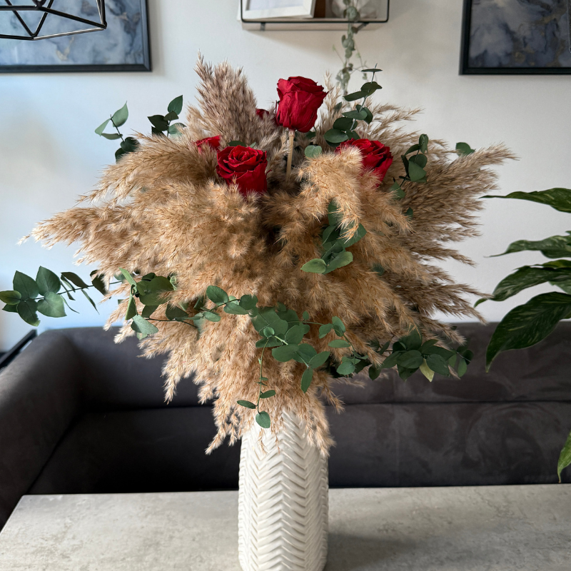 Vera Dried Flower Arrangement In Natural Pampas, Red Roses & Eucalyptus