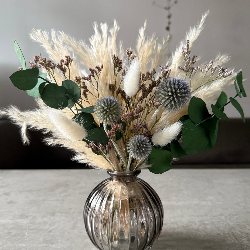 Halima Dried Flower Arrangement In Cream, Natural Purple & Eucalyptus