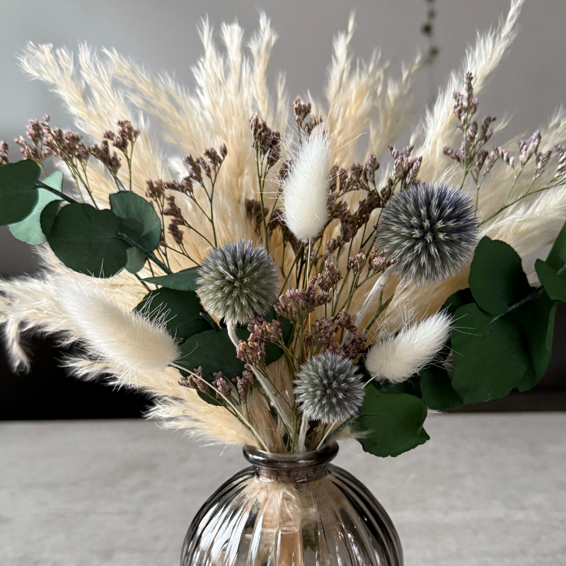 Halima Dried Flower Arrangement In Cream, Natural Purple & Eucalyptus