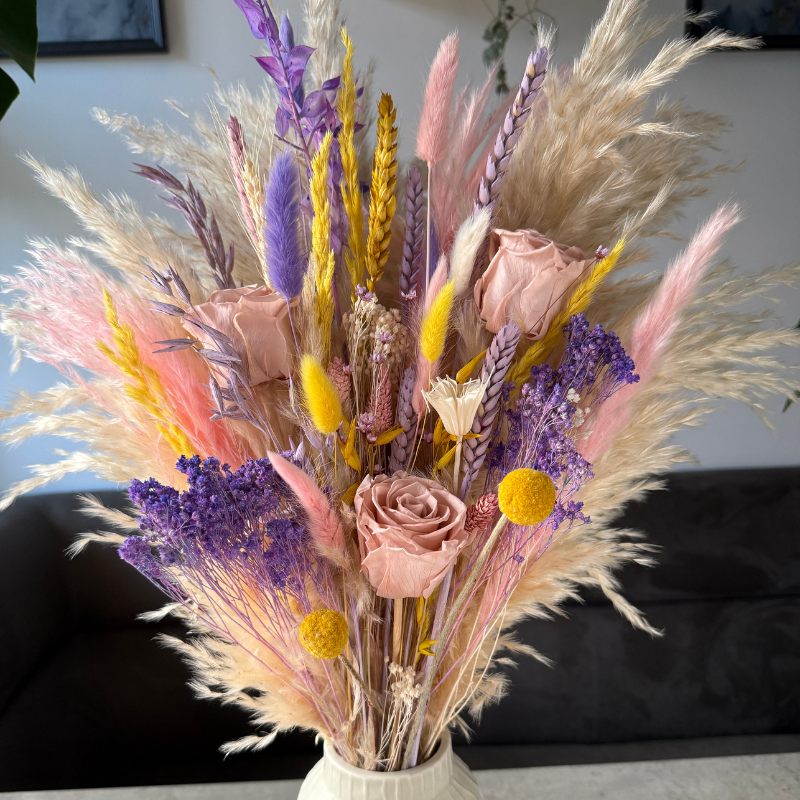 Renesme Dried Flower Arrangement In Cream, Pink, Purple & Yellow