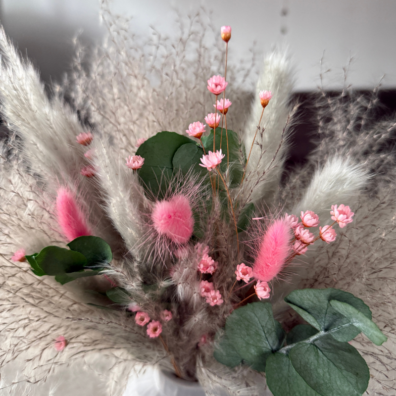 Dawn Dried Flower Arrangement In Pink, Grey & Green Eucalyptus