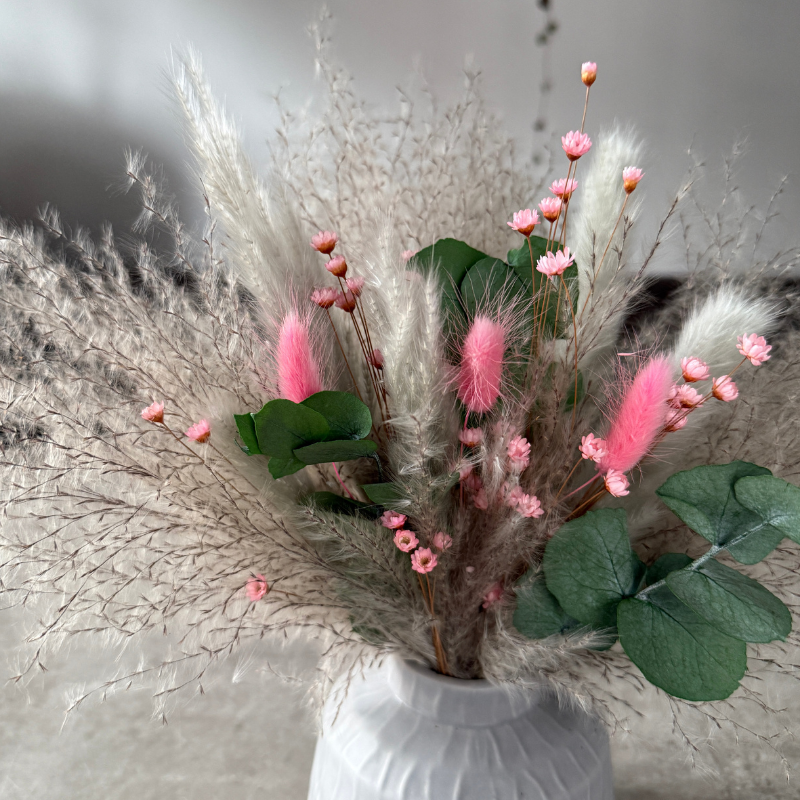 Dawn Dried Flower Arrangement In Pink, Grey & Green Eucalyptus