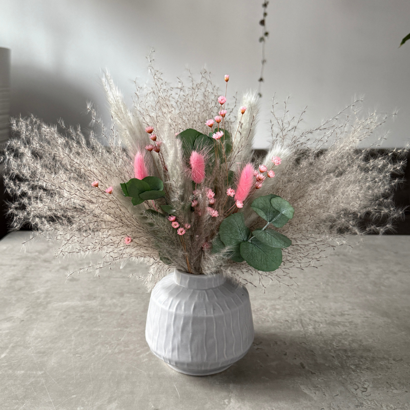 Dawn Dried Flower Arrangement In Pink, Grey & Green Eucalyptus