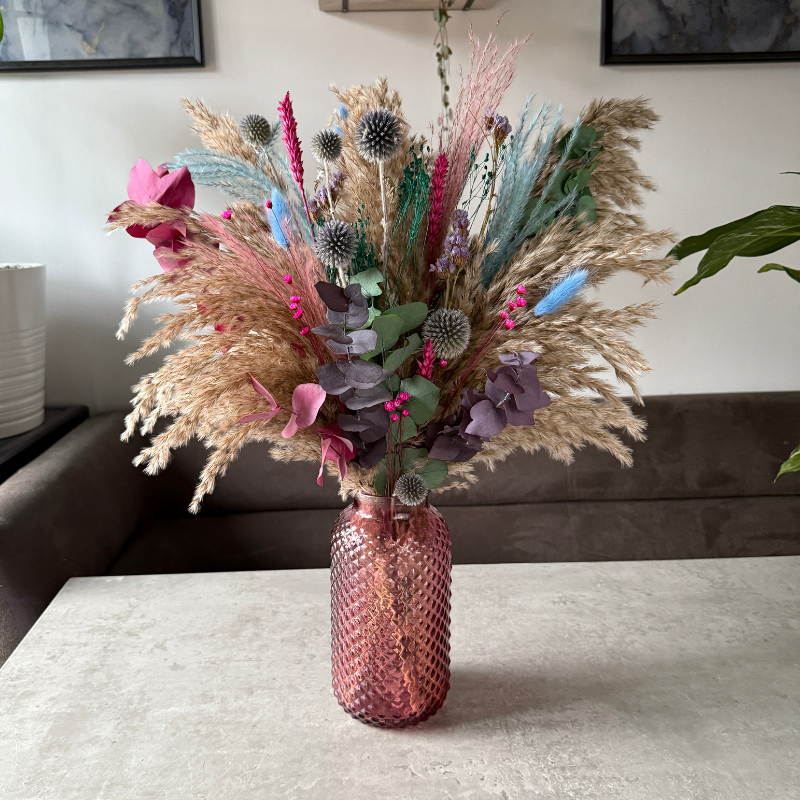 Rebekah Dried Flower Arrangement In Natural, Pink, Blue, Purple & Emerald Green