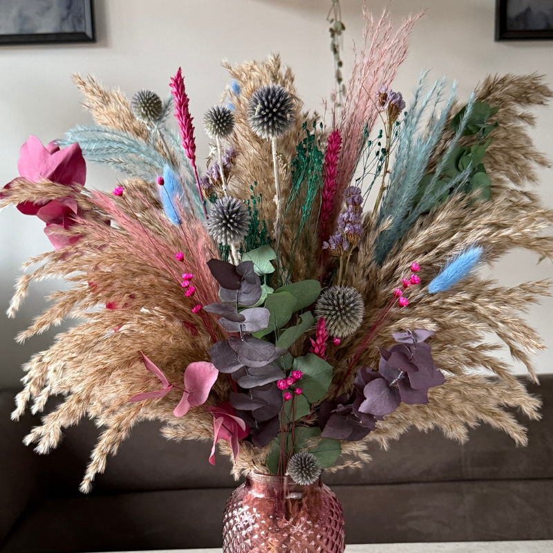 Rebekah Dried Flower Arrangement In Natural, Pink, Blue, Purple & Emerald Green