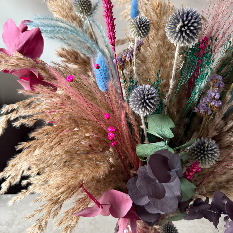 Rebekah Dried Flower Arrangement In Natural, Pink, Blue, Purple & Emerald Green