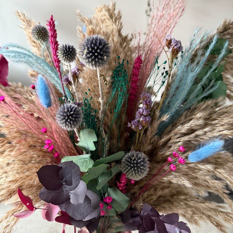 Rebekah Dried Flower Arrangement In Natural, Pink, Blue, Purple & Emerald Green