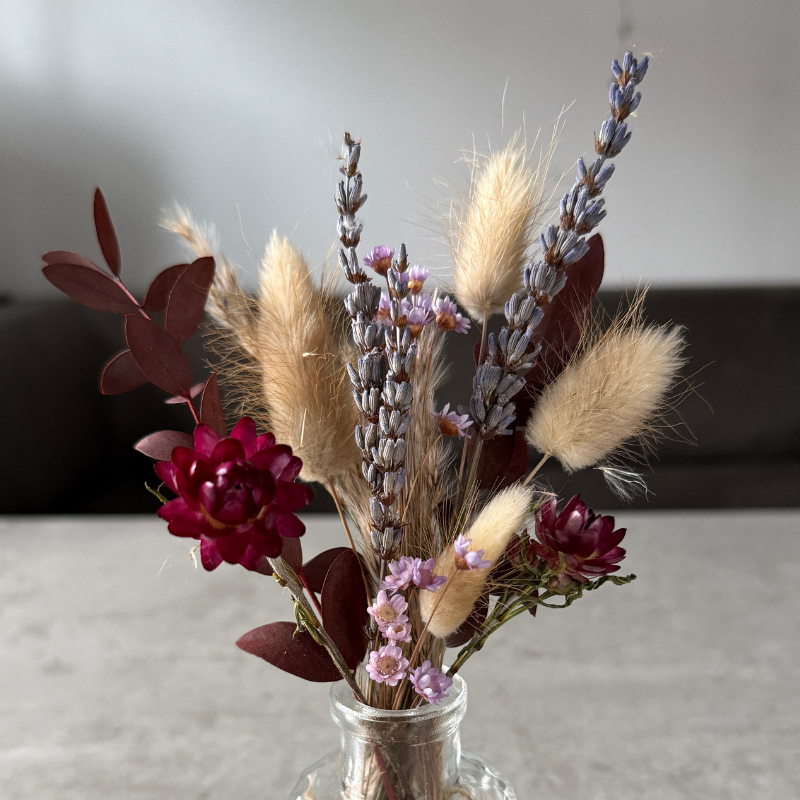 Iris Dried Flower Arrangement In Natural, Purple & Burgundy