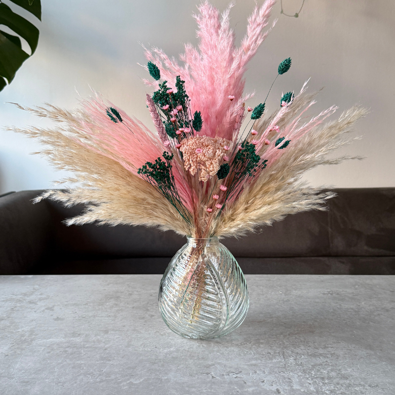 Esmae Dried Flower Arrangement In Pink, Emerald Green & Cream