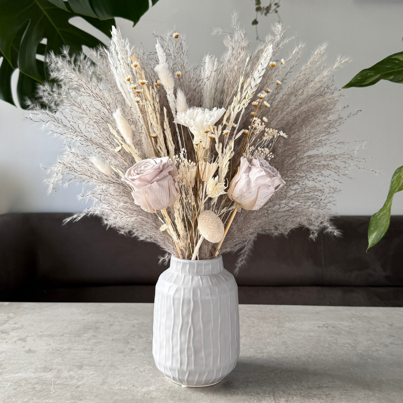 Cora Dried Flower Arrangement In Grey, White & Preserved Flowers