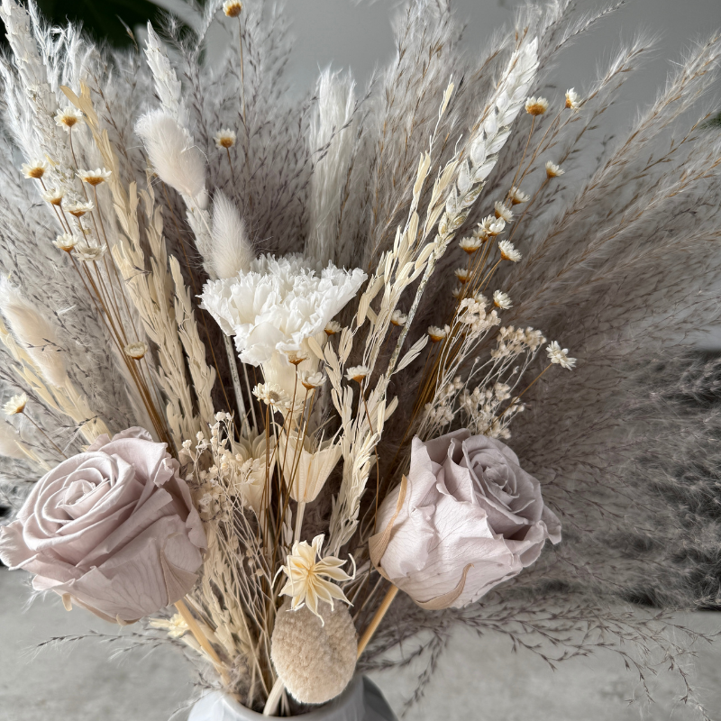 Cora Dried Flower Arrangement In Grey, White & Preserved Flowers