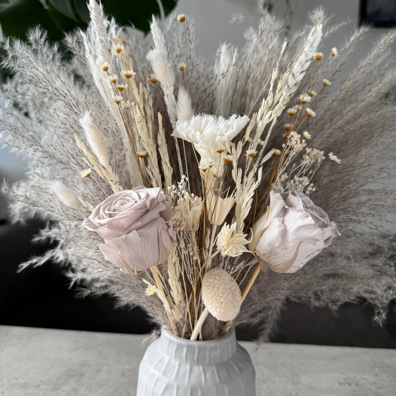 Cora Dried Flower Arrangement In Grey, White & Preserved Flowers