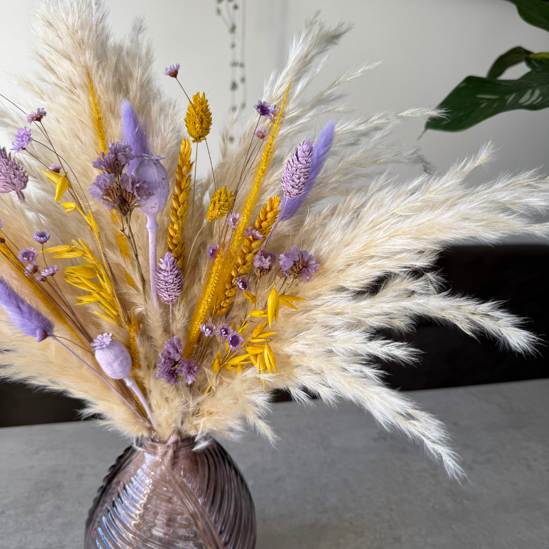 Mila Dried Flower Arrangement In Cream, Yellow & Lilac Purple