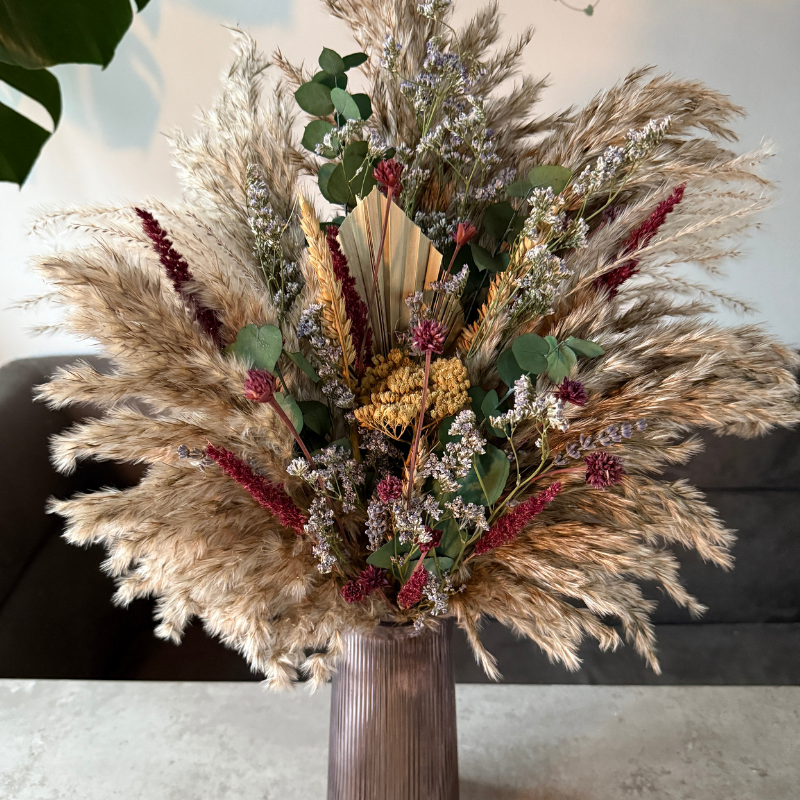 Saran Dried Flower Arrangement In Natural, Berry, Green & Soft Purple