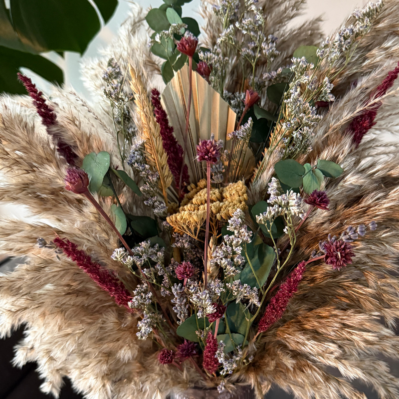 Saran Dried Flower Arrangement In Natural, Berry, Green & Soft Purple