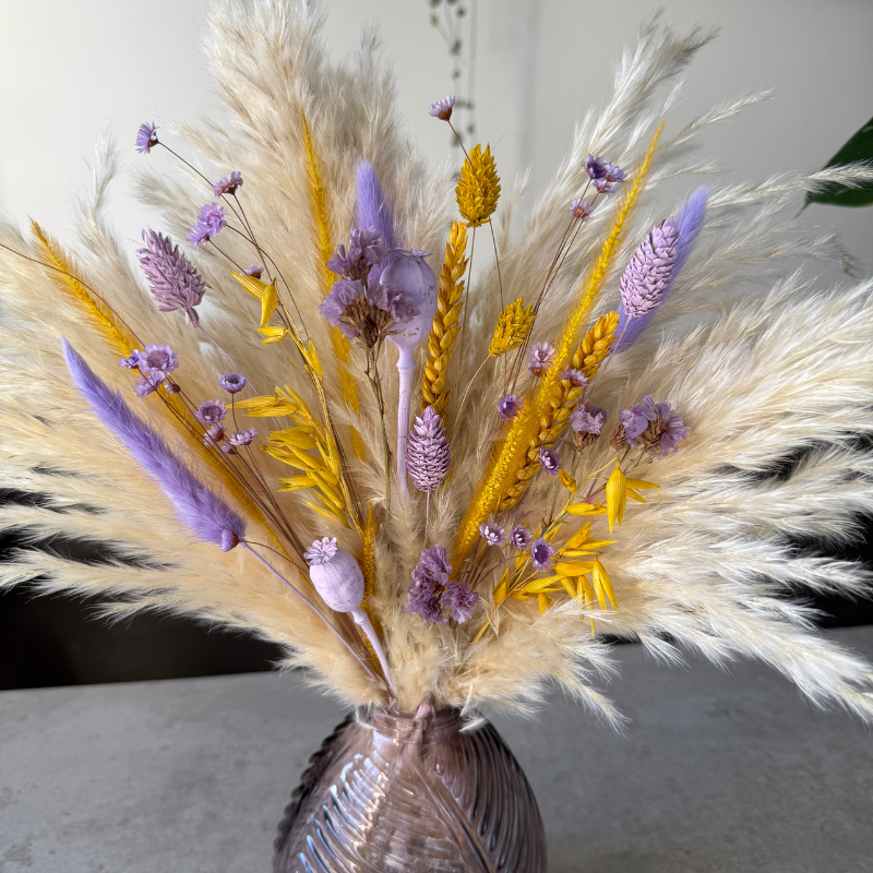 Mila Dried Flower Arrangement In Cream, Yellow & Lilac Purple