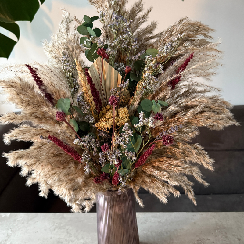 Saran Dried Flower Arrangement In Natural, Berry, Green & Soft Purple