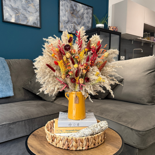 Natalie Dried Flower Arrangement In Orange, Yellow, Red & Burgundy