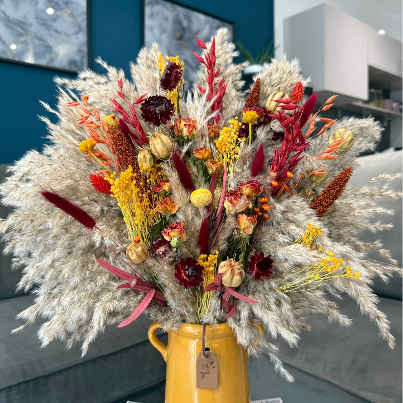 Natalie Dried Flower Arrangement In Orange, Yellow, Red & Burgundy