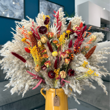 Natalie Dried Flower Arrangement In Orange, Yellow, Red & Burgundy
