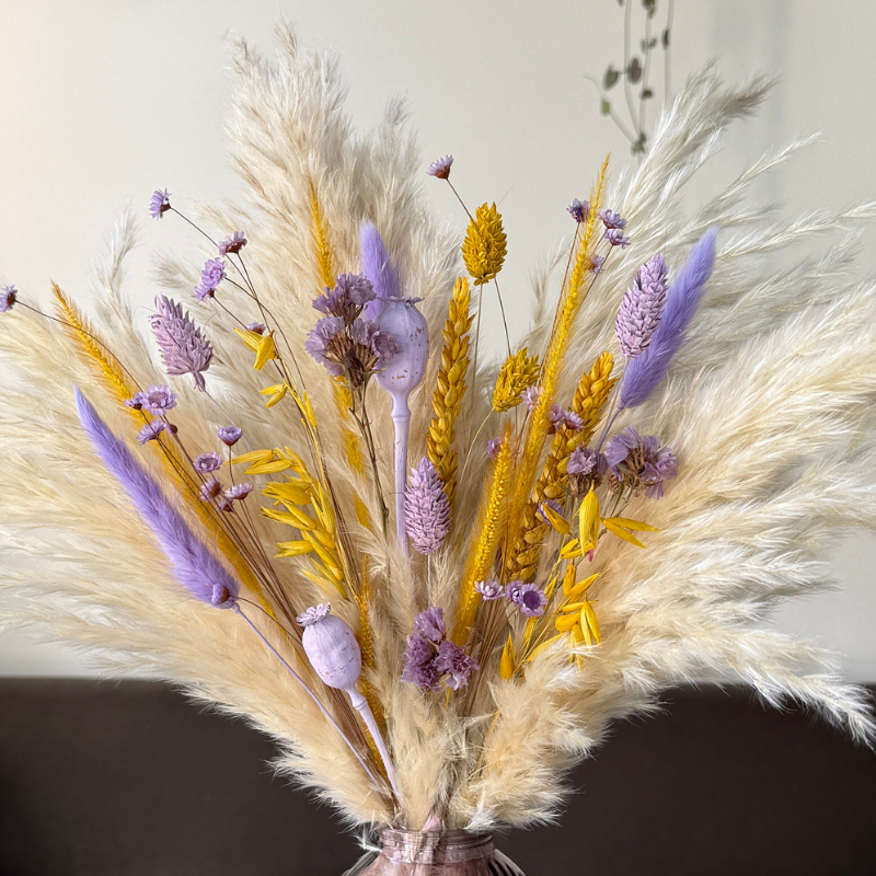 Mila Dried Flower Arrangement In Cream, Yellow & Lilac Purple