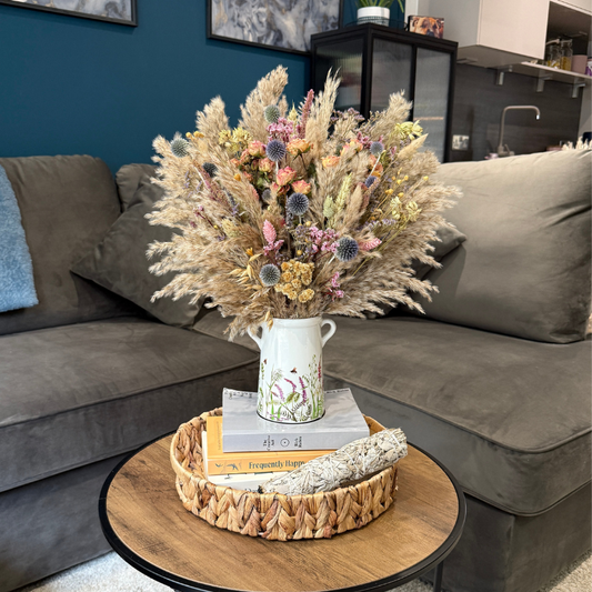 Lacey Dried Flower Arrangement In Natural, Pink, Purple & Yellow