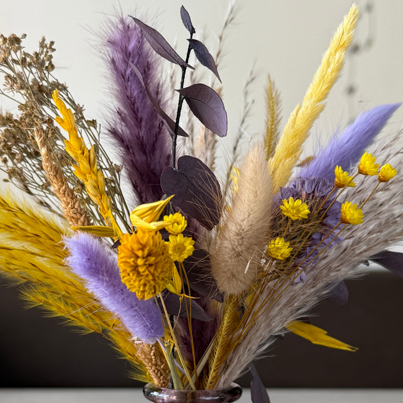 Amina Dried Flower Arrangement In Yellow, Purple & Natural