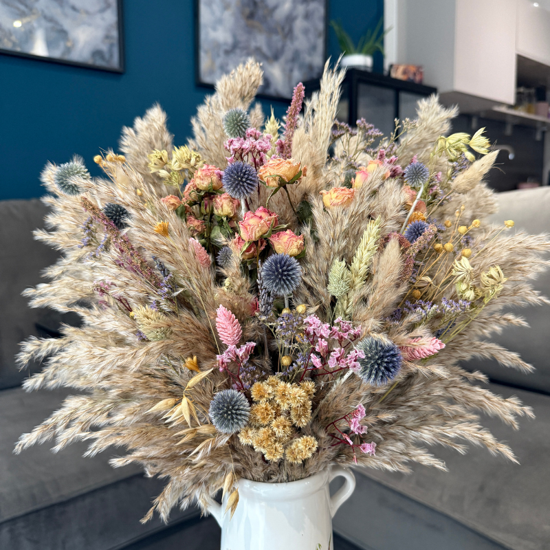 Lacey Dried Flower Arrangement In Natural, Pink, Purple & Yellow