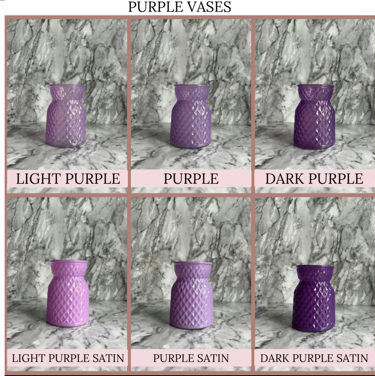 Purple vases in a grid of the six different shades