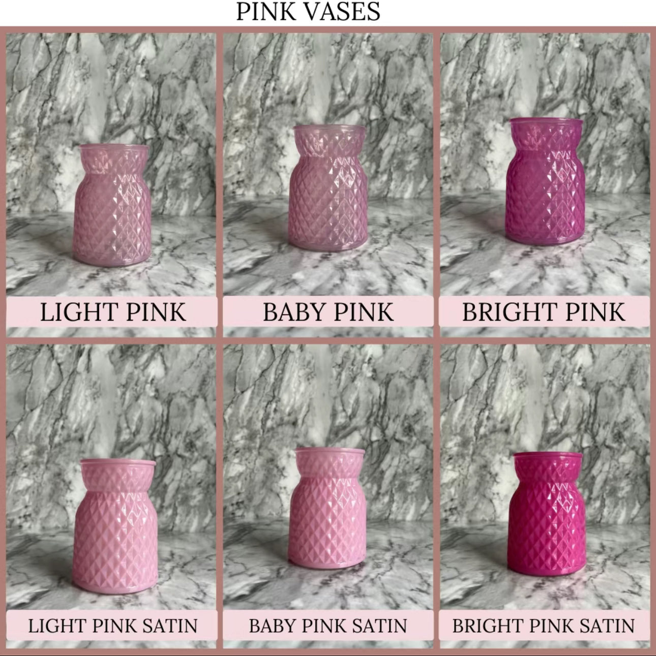 Pink vases in a grid of the six different shades