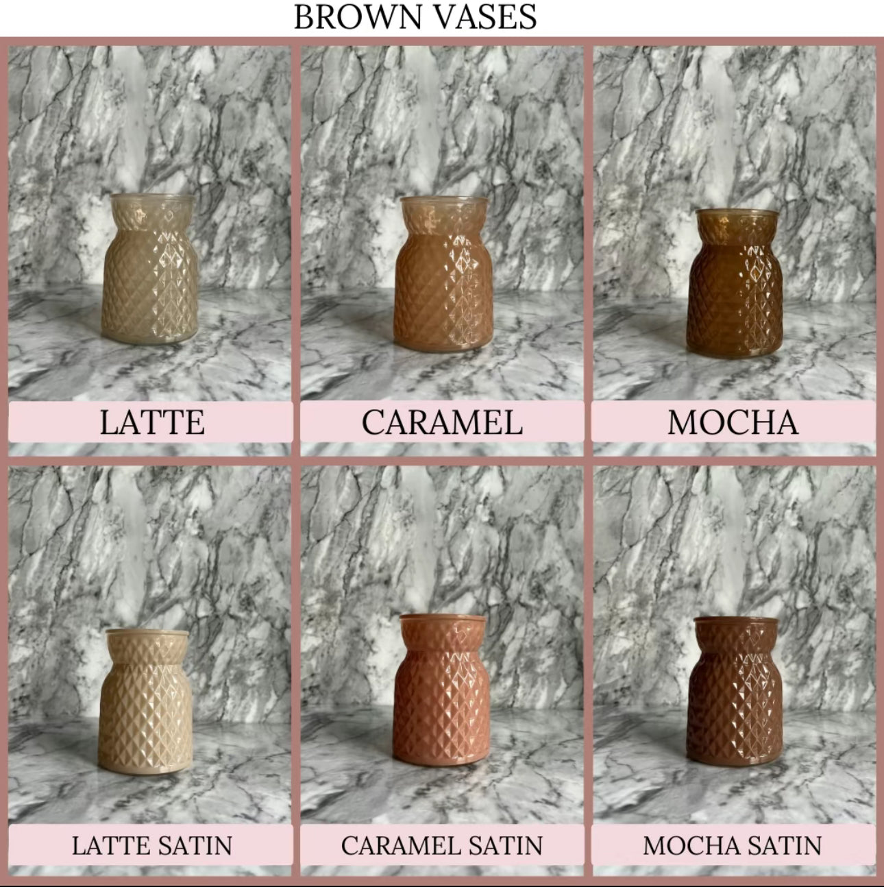 Brown vases in a grid of the six different shades