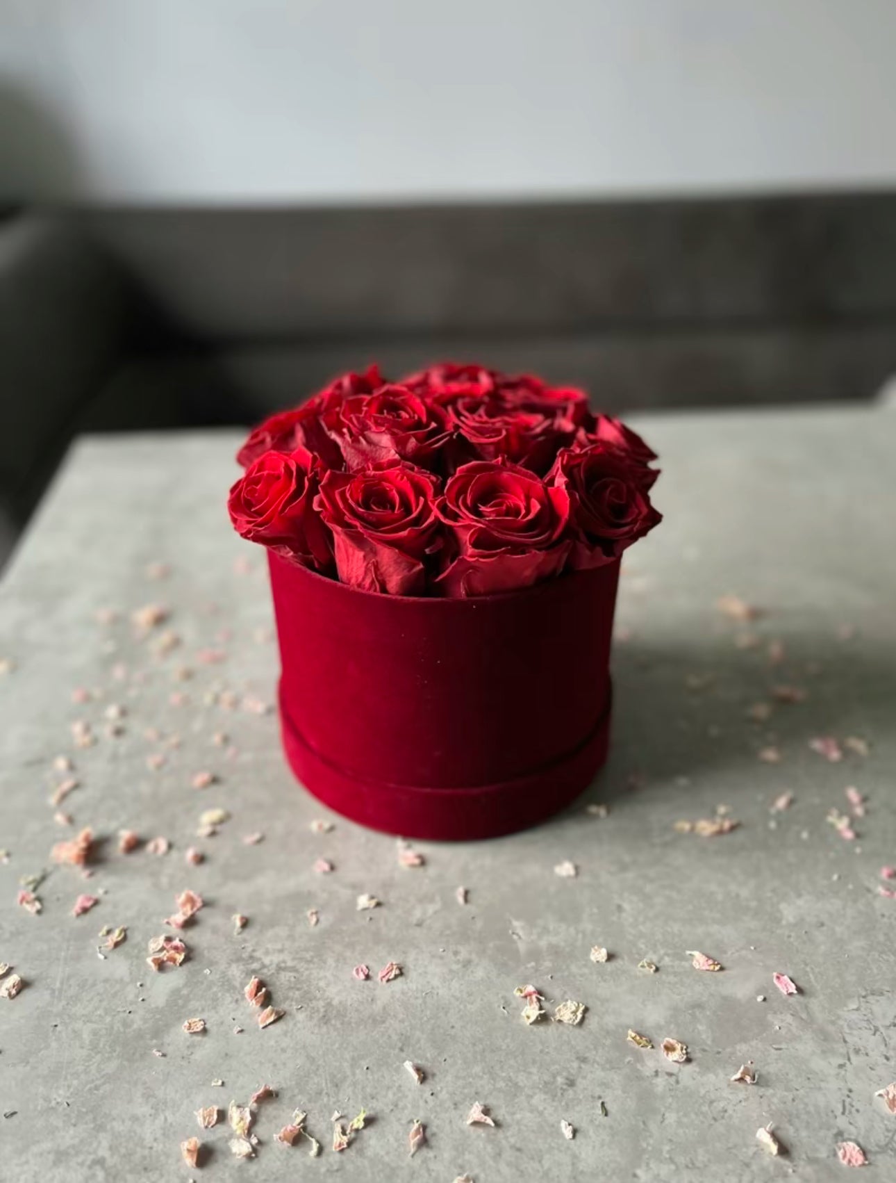 Preserved dried red roses in a velour floristry hat box displayed on a table