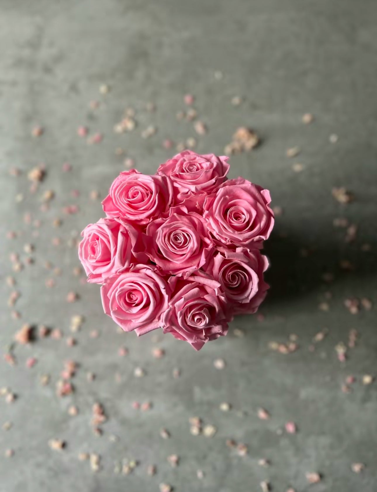 birds eye view of Preserved dried pink roses in a velour floristry hat box displayed on a table