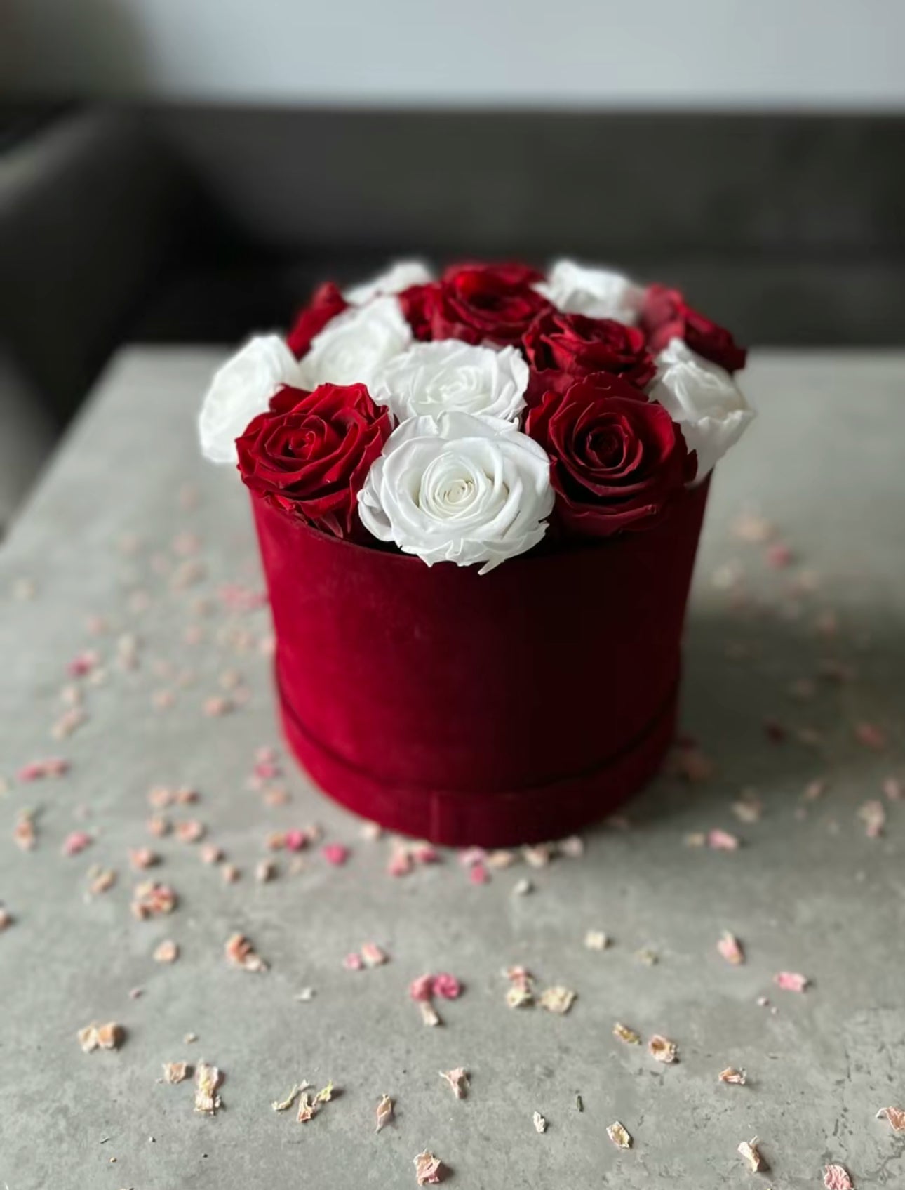 Preserved dried red and white roses in a velour floristry hat box displayed on a table