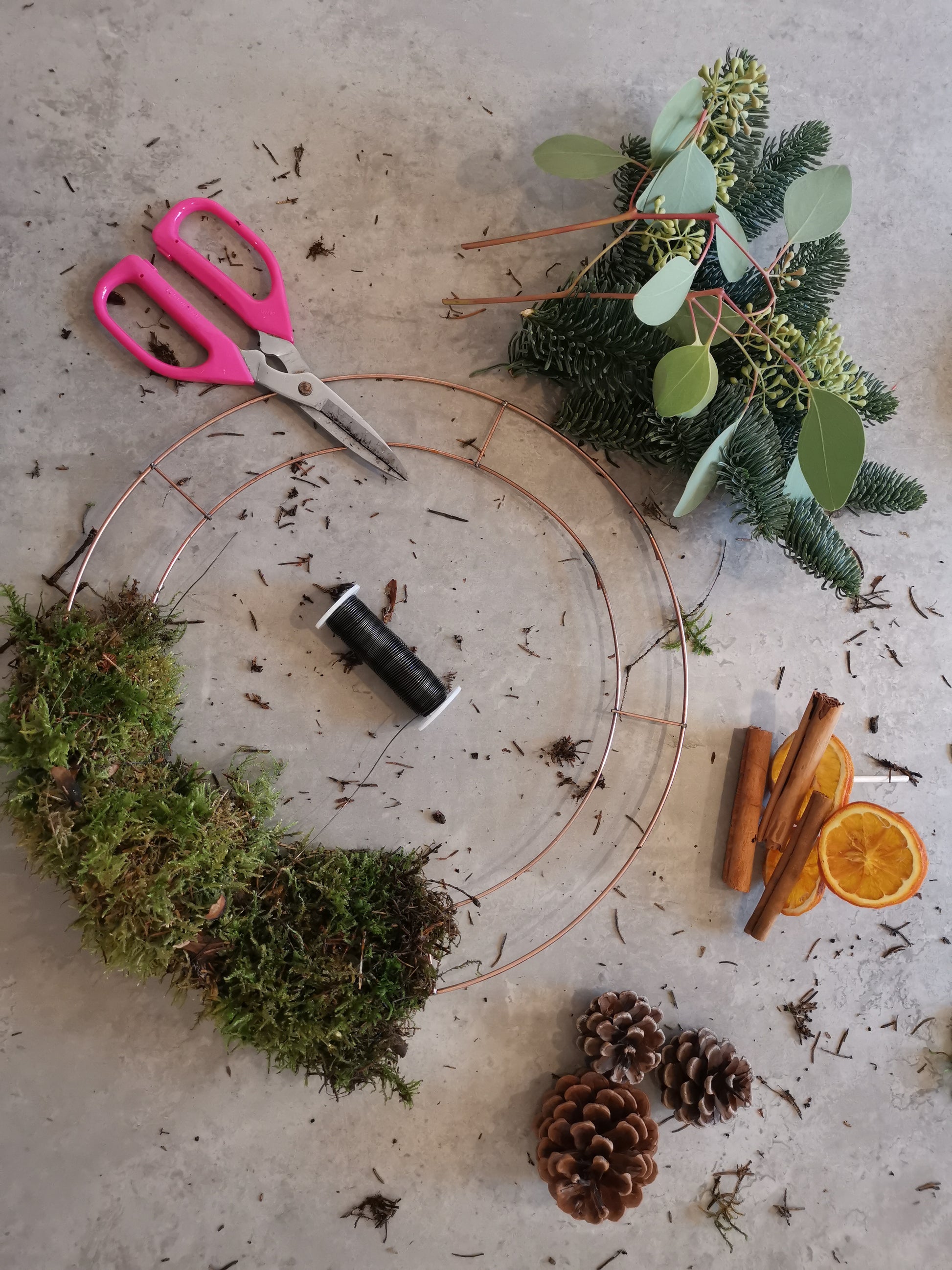 Wreath items displayed on a table