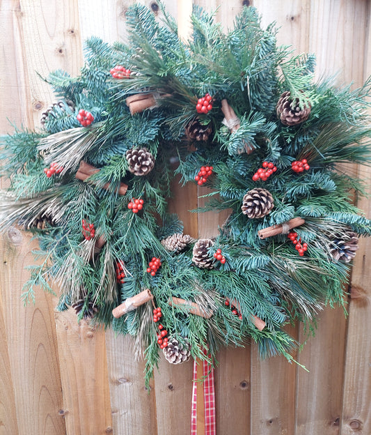 Christmas wreath example hung on a door